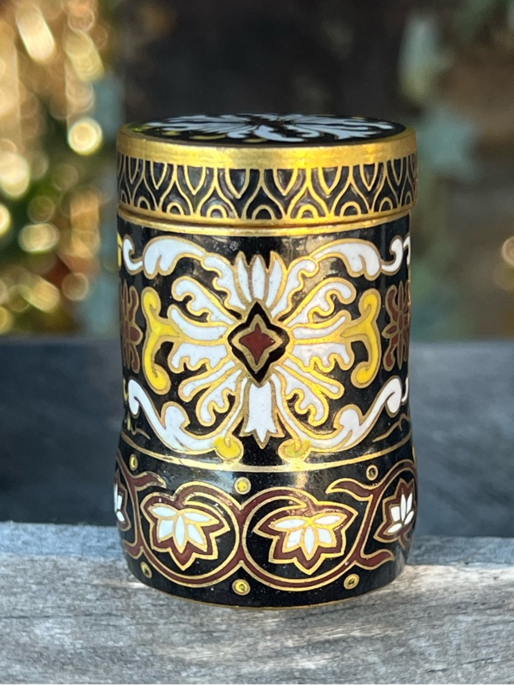 Vintage Cloisonné Black Lotus Trinket Box Lidded Mini Container 2”